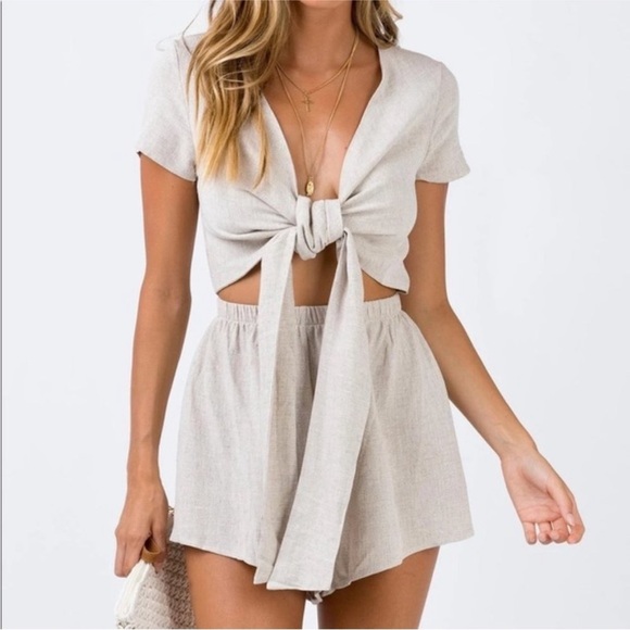 Oh Polly Pants - Oh Polly Tie Front Romper in oatmeal